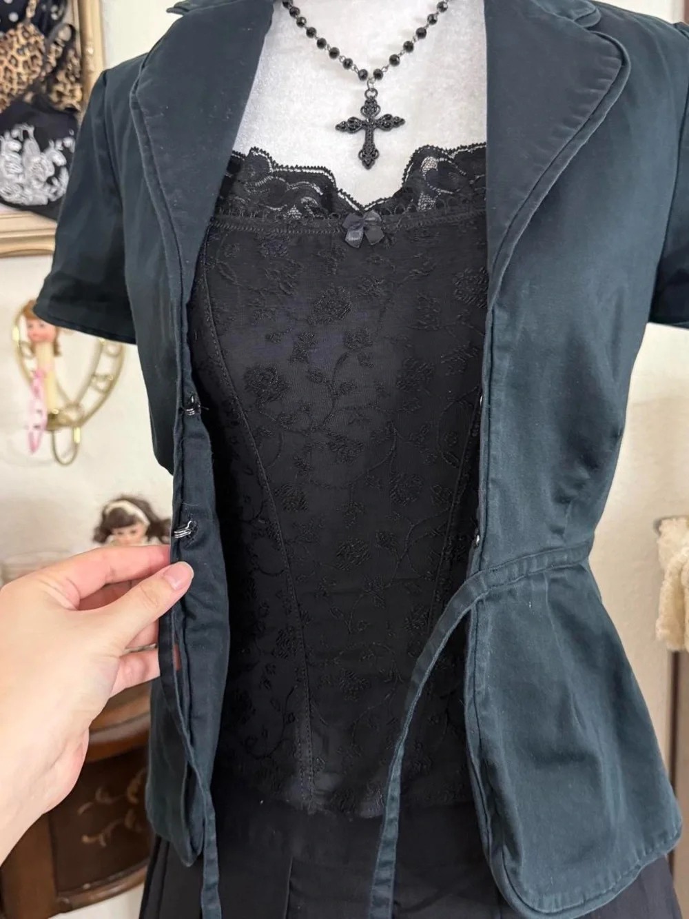 Y2k vampy office siren girly goth black short sleeve tie front jacket